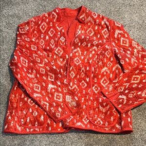 Chico's Red and White Blazer with Geometric Pattern